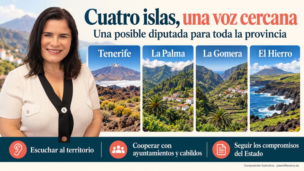 Mari Brito junto a paisajes ilustrativos de Tenerife, La Palma, La Gomera y El Hierro, con propuestas de escucha y cooperación institucional.