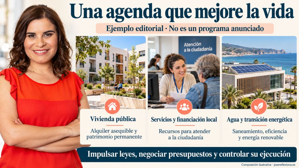 Retrato de Mari Brito y escenas de vivienda pública, atención ciudadana y energía solar que ilustran una posible agenda parlamentaria propuesta por el blog.