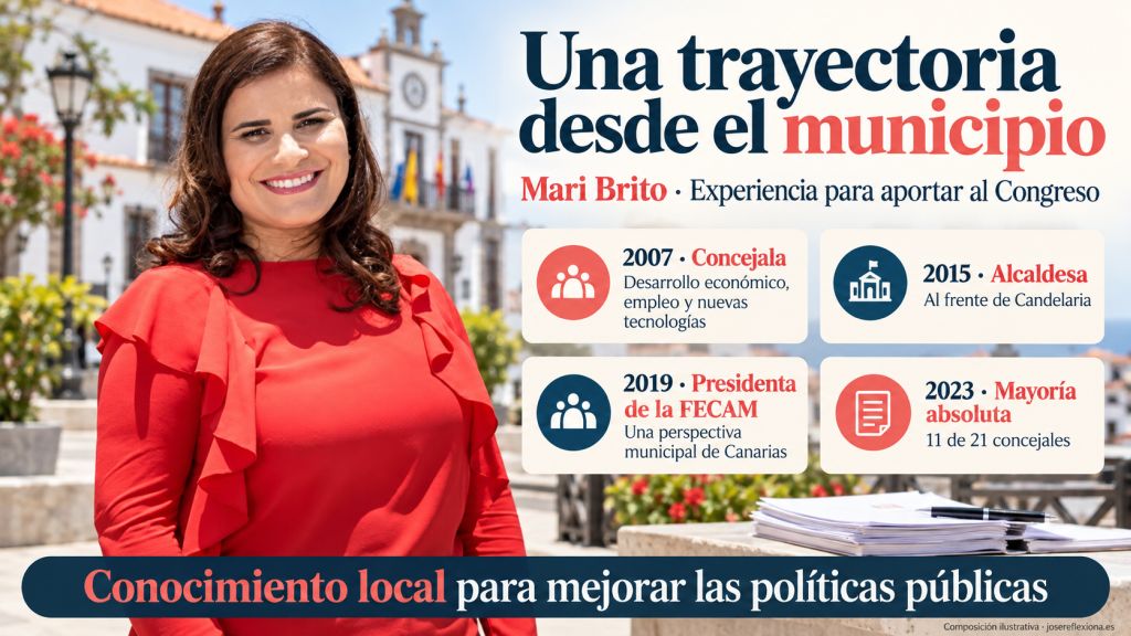Retrato de Mari Brito con blusa roja junto a los hitos de su trayectoria como concejala, alcaldesa de Candelaria y presidenta de la FECAM.
