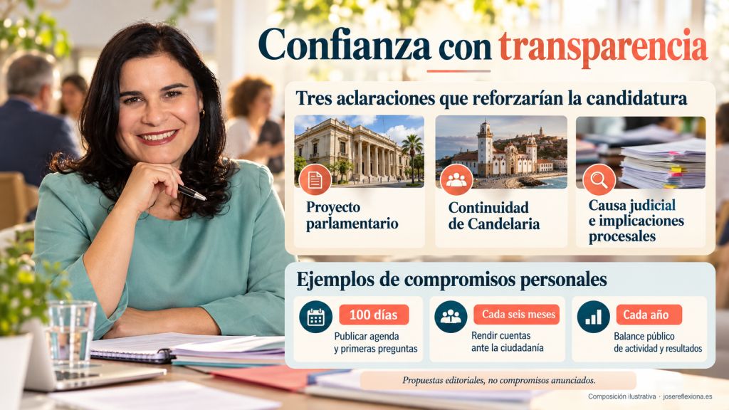 Mari Brito con blusa verde junto a tres cuestiones que aclarar sobre su candidatura y ejemplos de compromisos de transparencia y rendición de cuentas.