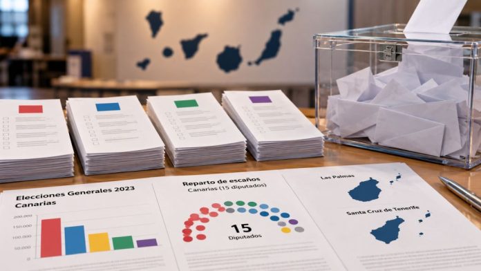 Coa 1 Urna electoral transparente junto a papeletas y gráficos del reparto de escaños en Canarias, con un mapa del archipiélago al fondo.