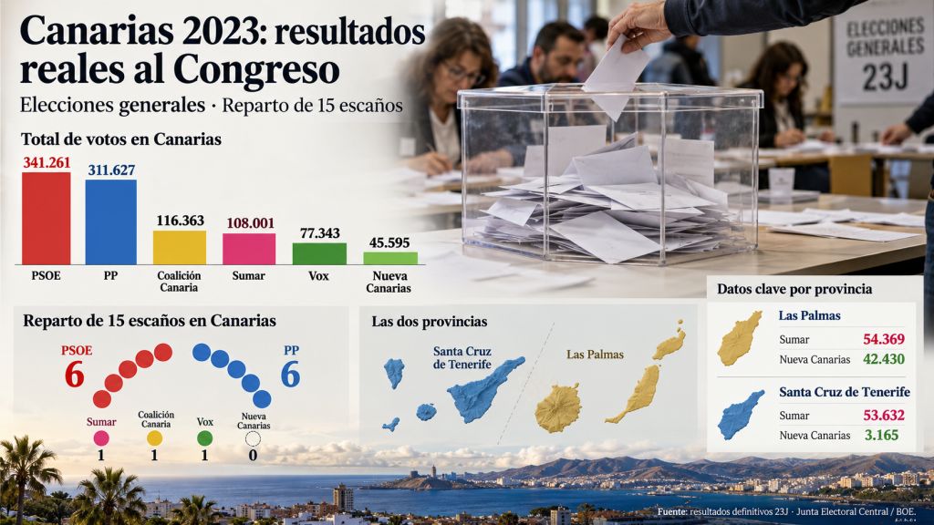 Infografía de los resultados electorales de Canarias en 2023, con los votos de los principales partidos, sus diputados y las dos provincias canarias, sin coalición de izquierdas