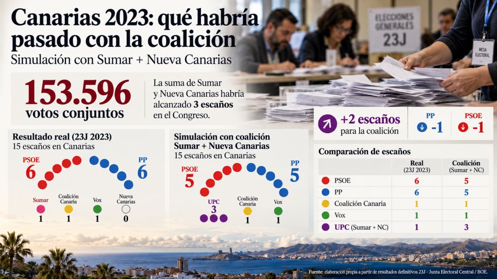 Comparación de los escaños reales de 2023 con una simulación en la que Sumar y Nueva Canarias concurren juntos y pasan de uno a tres diputados, con la coalición de izquierdas