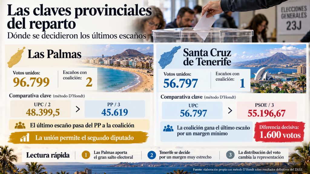 Infografía del método D’Hondt en Canarias que muestra cómo la unión de Sumar y Nueva Canarias habría conseguido dos diputados en Las Palmas y uno en Santa Cruz de Tenerife.