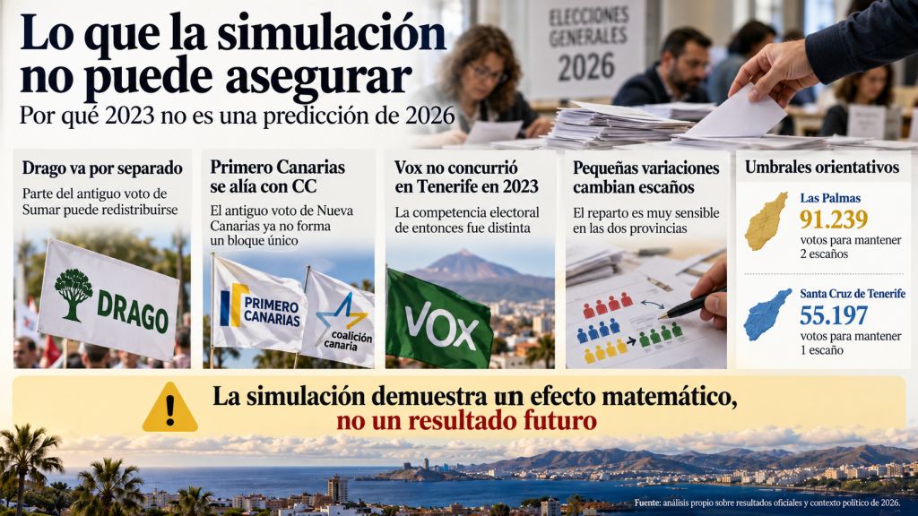 Infografía sobre los cambios políticos entre 2023 y 2026, con referencias a Drago Canarias, Primero Canarias, Vox y los votos necesarios para obtener representación.