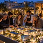 Comunidad energética: mucho más que compartir placas solares Vecinos, pequeños negocios y representantes locales analizan una maqueta de barrio con energía solar, almacenamiento y recarga eléctrica dentro de una comunidad energética.