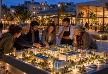 Comunidad energética: mucho más que compartir placas solares Vecinos, pequeños negocios y representantes locales analizan una maqueta de barrio con energía solar, almacenamiento y recarga eléctrica dentro de una comunidad energética.