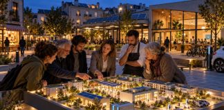 Comunidad energética: mucho más que compartir placas solares Vecinos, pequeños negocios y representantes locales analizan una maqueta de barrio con energía solar, almacenamiento y recarga eléctrica dentro de una comunidad energética.