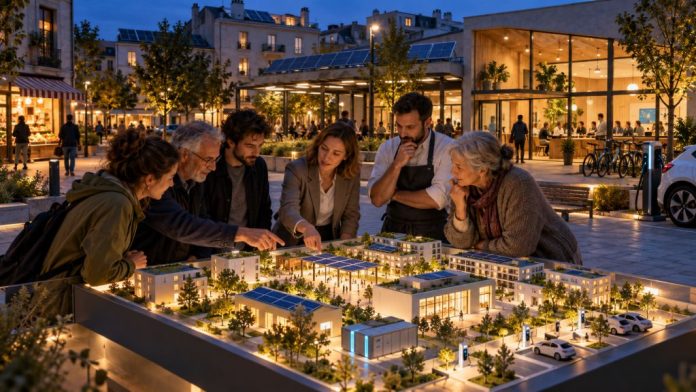 Comu 1 Vecinos, pequeños negocios y representantes locales analizan una maqueta de barrio con energía solar, almacenamiento y recarga eléctrica dentro de una comunidad energética.