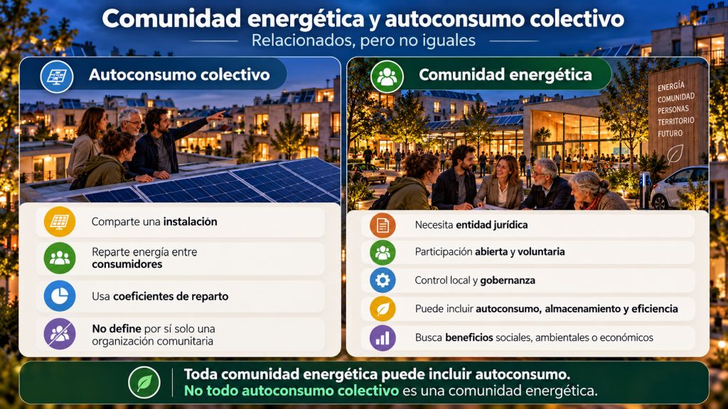 Comparación entre autoconsumo colectivo y comunidad energética, destacando diferencias en organización, gobernanza, participación y objetivos.