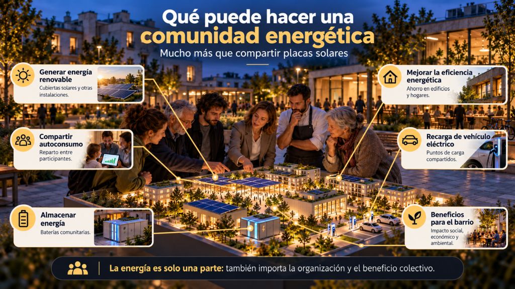 Esquema de las principales actividades de una comunidad energética, como generación renovable, autoconsumo, almacenamiento, eficiencia y recarga eléctrica.