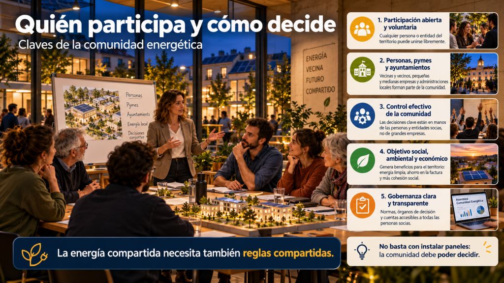 Reunión de una comunidad energética donde vecinos, pymes y administración local participan en la toma de decisiones y la gobernanza del proyecto.
