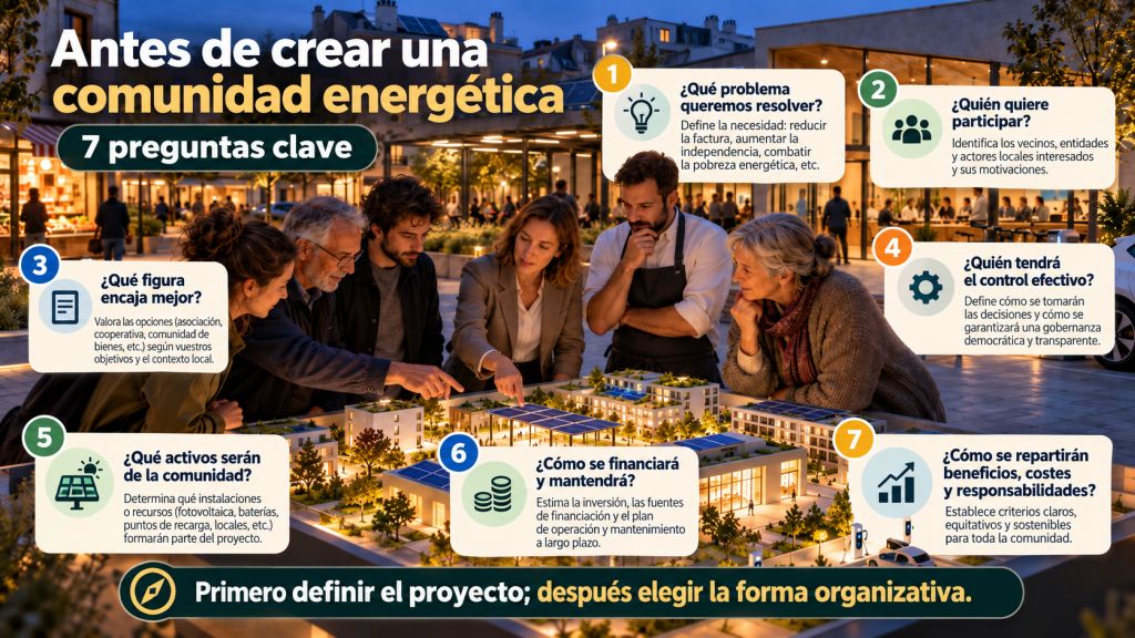 Siete preguntas clave antes de crear una comunidad energética sobre objetivos, participantes, control, activos, financiación y reparto de responsabilidades.