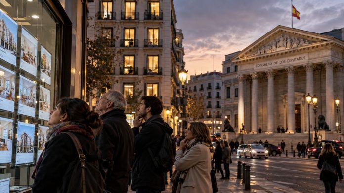 Con 1 Personas observan anuncios de viviendas en alquiler junto al Congreso de los Diputados, símbolo del debate político sobre el acceso a la vivienda.