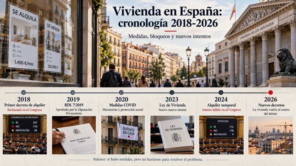 Cronología 2018-2026: Línea temporal de las principales medidas de vivienda aprobadas, rechazadas o reformuladas en España entre 2018 y 2026.