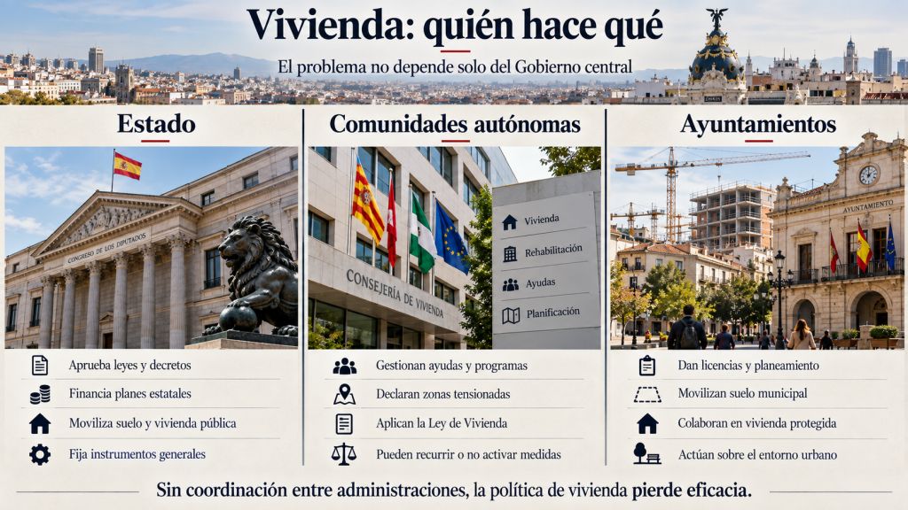 Quién hace qué: Reparto de competencias en vivienda entre el Estado, las comunidades autónomas y los ayuntamientos, con sus principales responsabilidades.