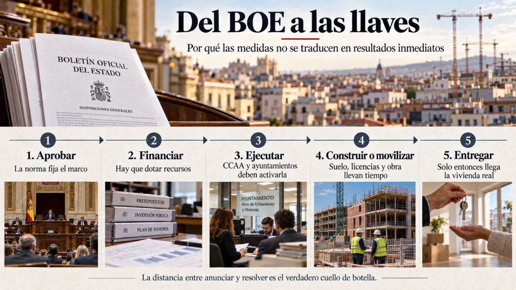 Del BOE a las llaves: Proceso que sigue una política de vivienda desde su aprobación y financiación hasta la ejecución, construcción y entrega de una vivienda real.