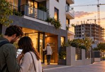 Reforma de la vivienda: qué cambian los nuevos decretos Pareja joven consulta anuncios de vivienda junto a un edificio residencial, mientras una persona entra al portal y al fondo se construyen nuevas viviendas.
