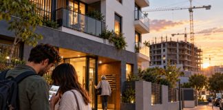 Reforma de la vivienda: qué cambian los nuevos decretos Pareja joven consulta anuncios de vivienda junto a un edificio residencial, mientras una persona entra al portal y al fondo se construyen nuevas viviendas.