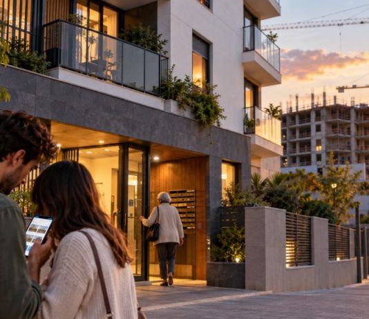 Reforma de la vivienda: qué cambian los nuevos decretos Pareja joven consulta anuncios de vivienda junto a un edificio residencial, mientras una persona entra al portal y al fondo se construyen nuevas viviendas.