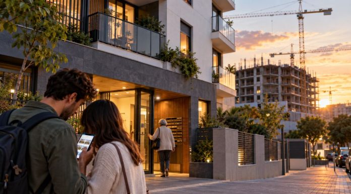 Reforma de la vivienda: qué cambian los nuevos decretos Pareja joven consulta anuncios de vivienda junto a un edificio residencial, mientras una persona entra al portal y al fondo se construyen nuevas viviendas.