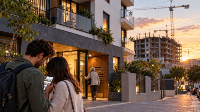 Pareja joven consulta anuncios de vivienda junto a un edificio residencial, mientras una persona entra al portal y al fondo se construyen nuevas viviendas.