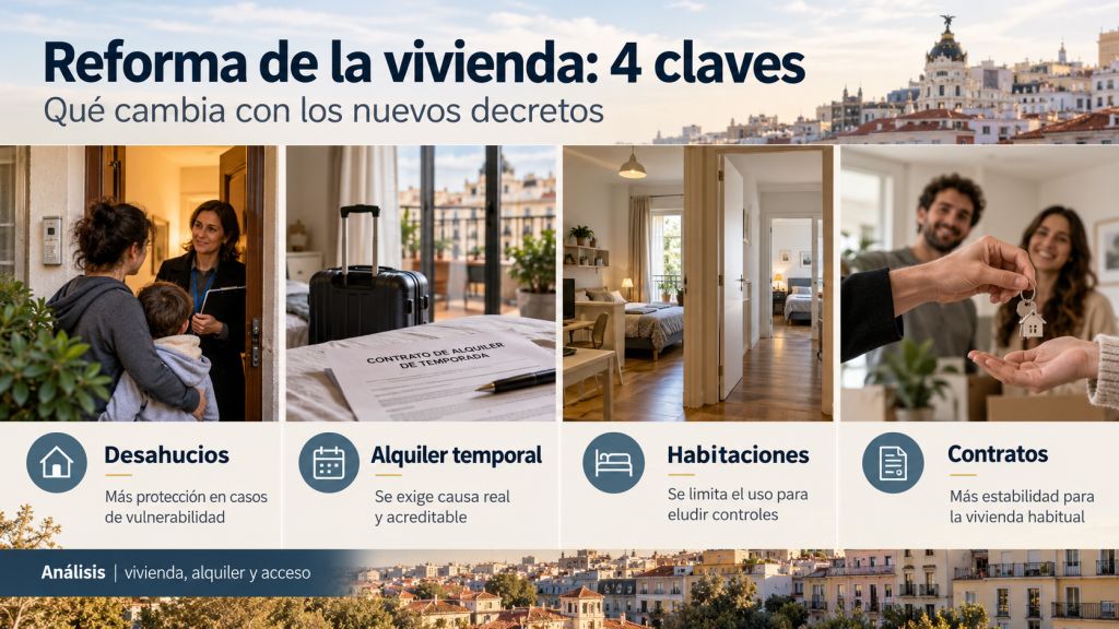 Reforma de la vivienda: 4 claves: Infografía sobre los principales cambios de la reforma de la vivienda: desahucios, alquiler temporal, alquiler por habitaciones y estabilidad de los contratos.