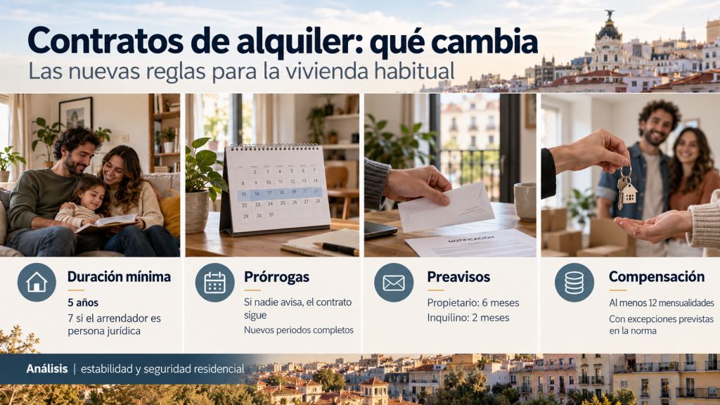 Contratos de alquiler: Infografía que resume las nuevas reglas de los contratos de alquiler habitual, con duración mínima, prórrogas, preavisos y compensaciones.