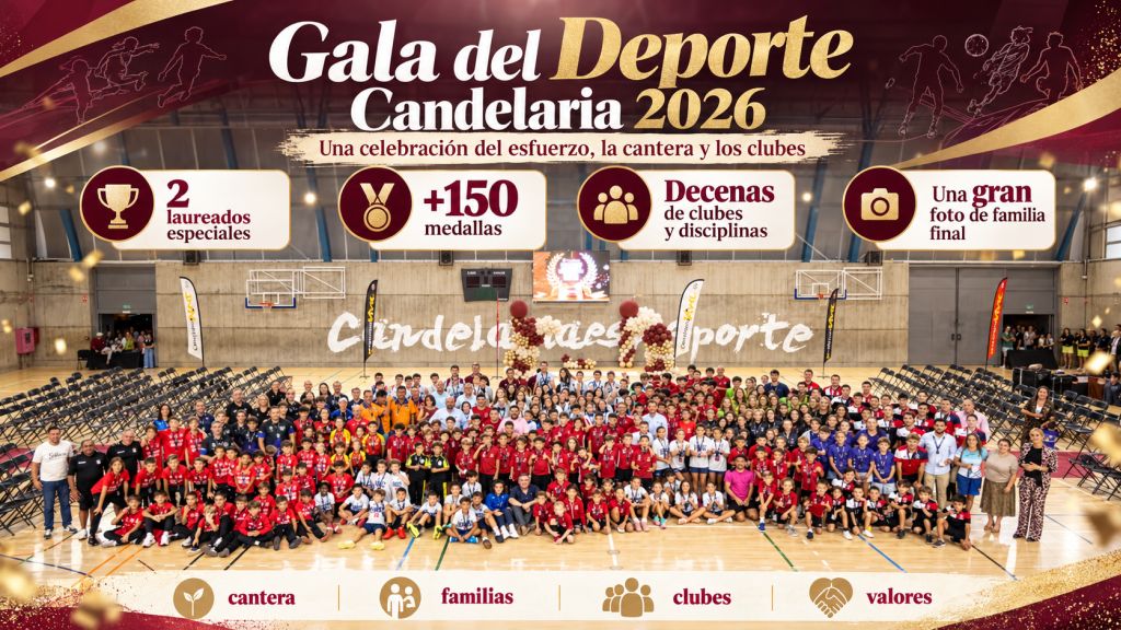Infografía de la Gala del Deporte de Candelaria 2026, con una imagen colectiva de deportistas y datos sobre los homenajes, las medallas y los clubes.