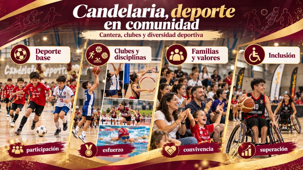 Infografía con escenas de fútbol, baloncesto, gimnasia y deporte adaptado que destacan la cantera, la diversidad deportiva, las familias y la inclusión en Candelaria.