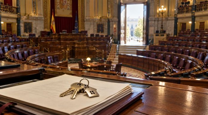 Las encuestas no votan: oportunidad progresista para el 29-N Hemiciclo del Congreso vacío con documentos parlamentarios y unas llaves de vivienda en primer plano, símbolo del debate político sobre vivienda y elecciones.