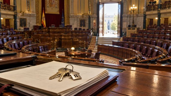 Hemiciclo del Congreso vacío con documentos parlamentarios y unas llaves de vivienda en primer plano, símbolo del debate político sobre vivienda y elecciones.