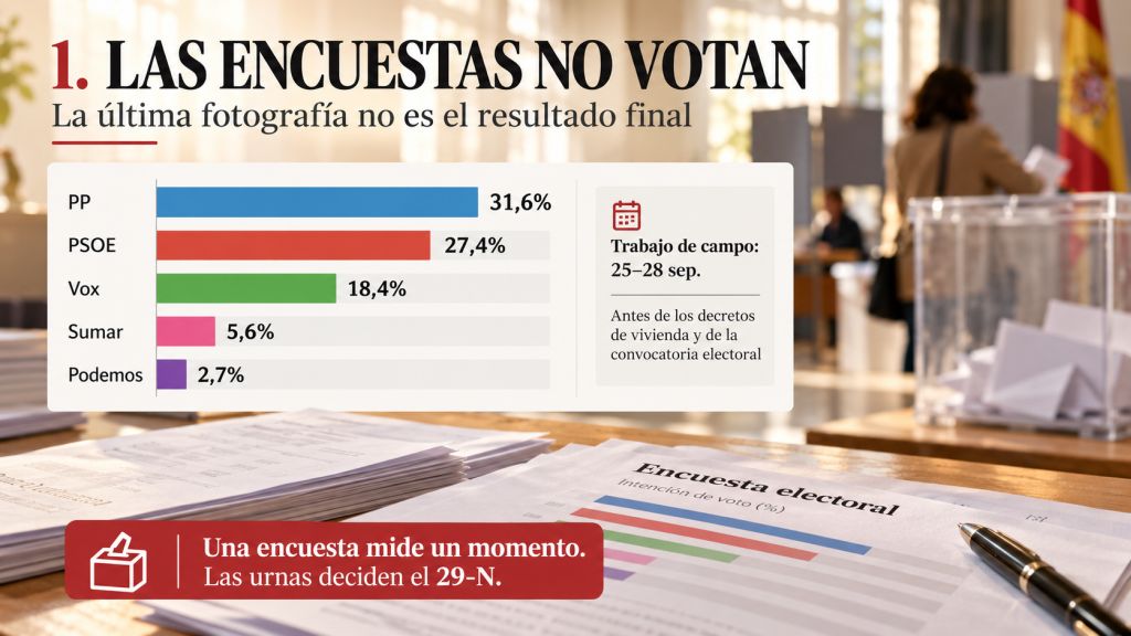 Las encuestas no votan: Infografía sobre intención de voto con PP, PSOE, Vox, Sumar y Podemos, recordando que la encuesta se realizó antes de los decretos de vivienda y de la convocatoria electoral.