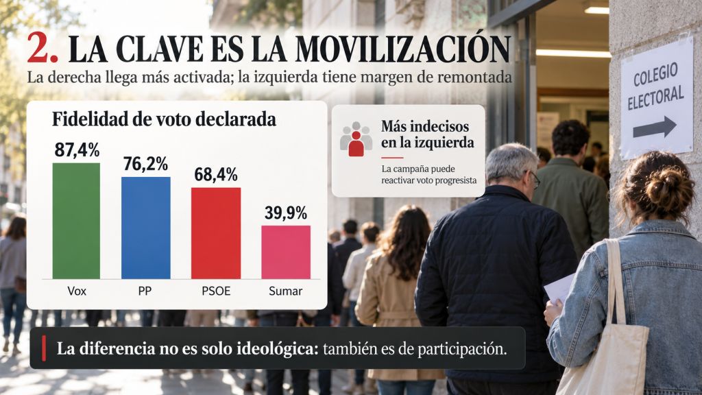 La clave es la movilización: Infografía sobre fidelidad electoral y movilización, con mayor activación entre los votantes de Vox y PP y más margen de recuperación entre PSOE y Sumar.