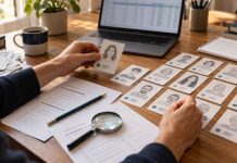 Encuestas electorales: cómo funcionan y qué es la cocina Manos organizando tarjetas con perfiles de población junto a cuestionarios y un ordenador para analizar una encuesta electoral.