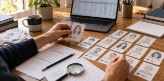 Encuestas electorales: cómo funcionan y qué es la cocina Manos organizando tarjetas con perfiles de población junto a cuestionarios y un ordenador para analizar una encuesta electoral.