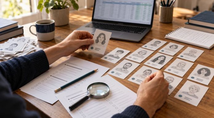 Encuestas electorales: cómo funcionan y qué es la cocina Manos organizando tarjetas con perfiles de población junto a cuestionarios y un ordenador para analizar una encuesta electoral.