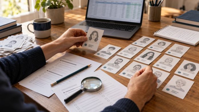 Manos organizando tarjetas con perfiles de población junto a cuestionarios y un ordenador para analizar una encuesta electoral.
