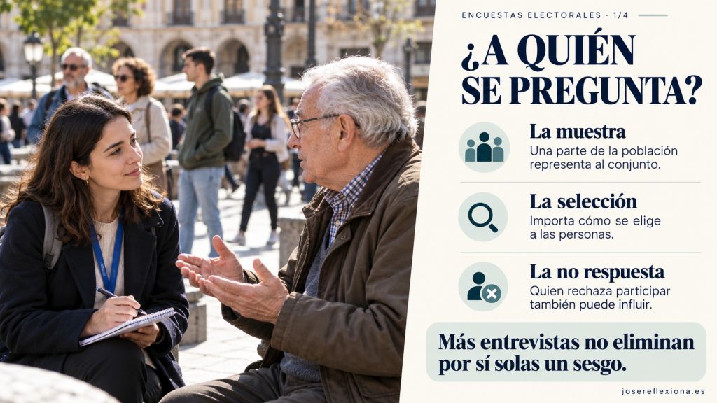 ¿A quién se pregunta?: Encuestadora entrevistando a un hombre mayor en una plaza. Explica la muestra, la selección de participantes y el efecto de la no respuesta.