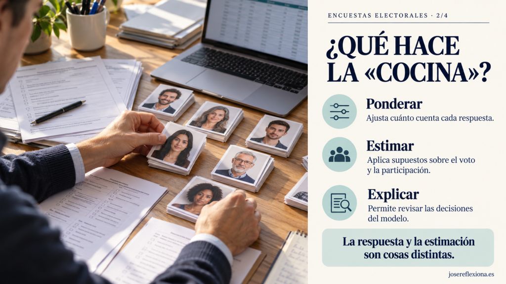 ¿Qué hace la «cocina»?: Analista ordenando tarjetas de entrevistados junto a cuestionarios y una hoja de cálculo. Distingue entre ponderar respuestas, estimar el voto y explicar el método.