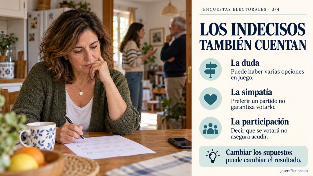 Los indecisos también cuentan: Mujer reflexionando ante un cuestionario. Explica cómo la indecisión, la simpatía política y la participación influyen en la estimación electoral.