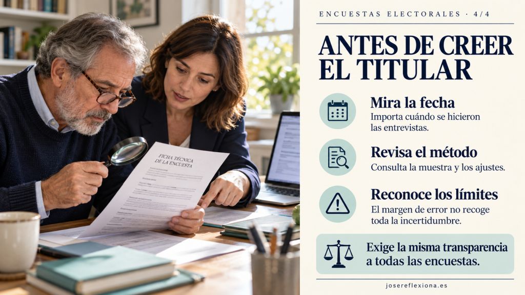 Antes de creer el titular: Dos personas revisando la ficha técnica de una encuesta. Recomienda comprobar las fechas, el método y los límites del margen de error.