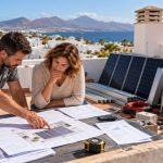 Diez errores al instalar placas solares que pueden salir muy caros Técnico y propietaria revisan planos, presupuestos y componentes fotovoltaicos antes de instalar placas solares en una azotea canaria.