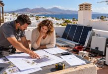 Diez errores al instalar placas solares que pueden salir muy caros Técnico y propietaria revisan planos, presupuestos y componentes fotovoltaicos antes de instalar placas solares en una azotea canaria.
