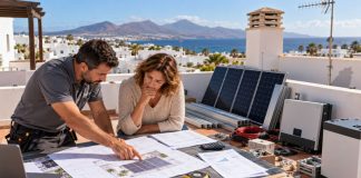 Diez errores al instalar placas solares que pueden salir muy caros Técnico y propietaria revisan planos, presupuestos y componentes fotovoltaicos antes de instalar placas solares en una azotea canaria.