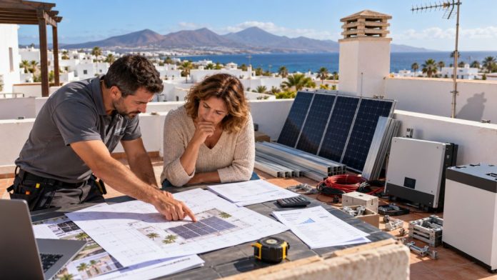 Errores 1 Técnico y propietaria revisan planos, presupuestos y componentes fotovoltaicos antes de instalar placas solares en una azotea canaria.