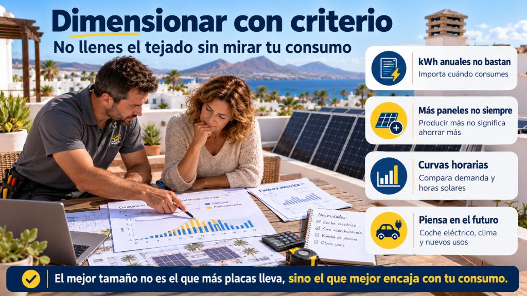 Dimensionamiento: Técnico y propietaria analizan curvas horarias de consumo eléctrico para evitar errores al dimensionar una instalación de placas solares.
