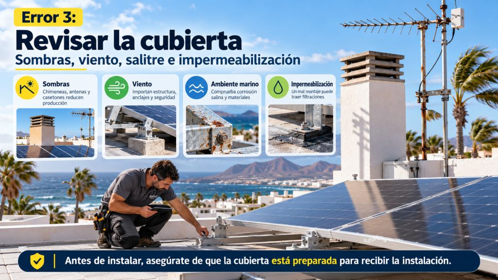 Condiciones de la cubierta: Técnico inspeccionando una instalación fotovoltaica en Canarias, con detalles sobre sombras, resistencia al viento, corrosión salina e impermeabilización.