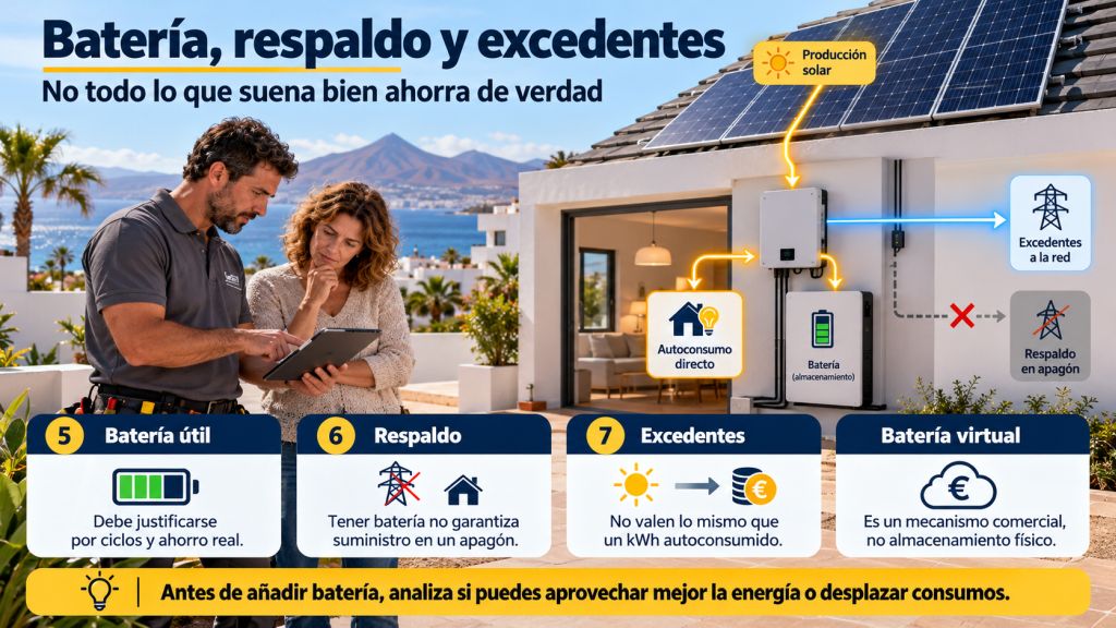 Baterías y excedentes: Esquema de autoconsumo solar que explica las diferencias entre almacenamiento en baterías, respaldo durante apagones, excedentes y batería virtual.