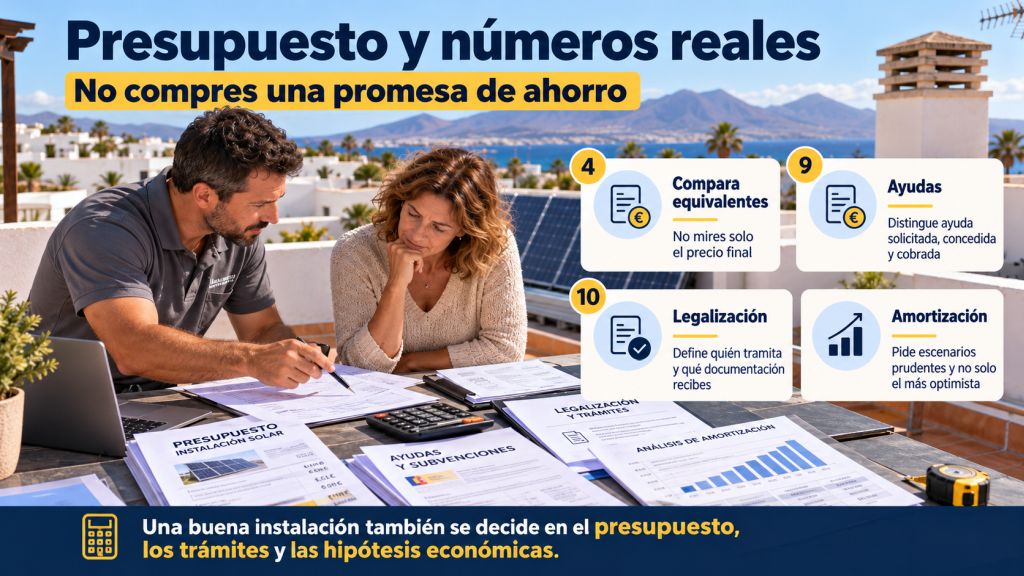 Presupuestos y rentabilidad: Técnico y propietaria comparan presupuestos fotovoltaicos, subvenciones, trámites de legalización y previsiones de amortización para evitar errores de inversión.